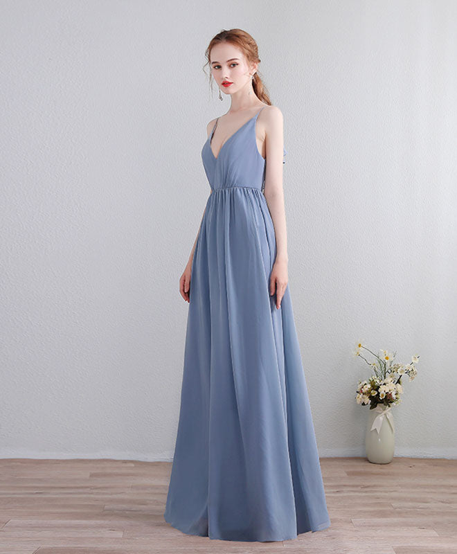 Blue V Neck Chiffon Lace Long Prom Dress, Evening Dress