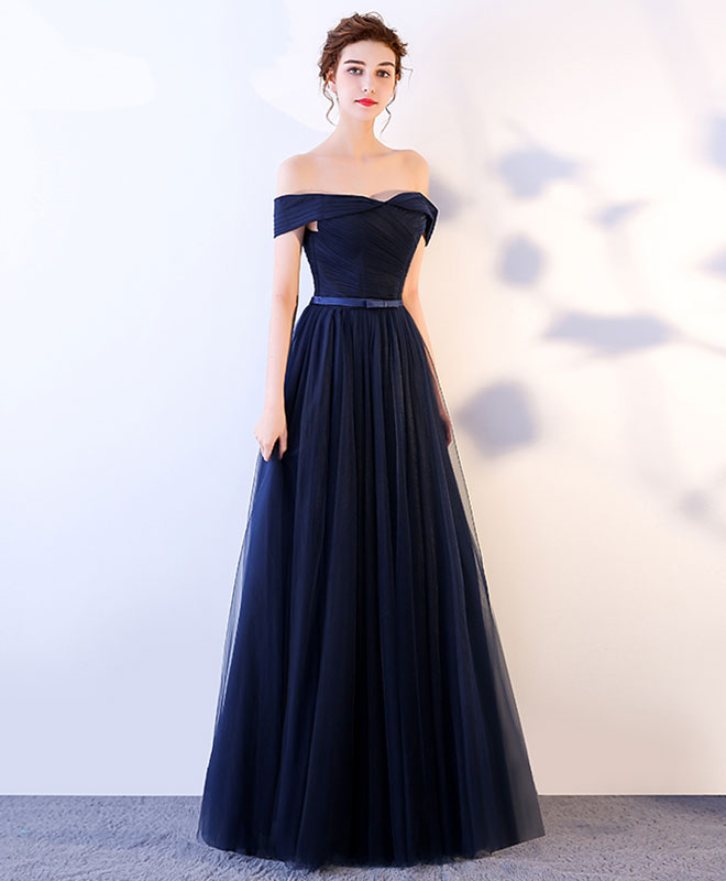 Dark Blue Long Prom Dress, Blue Tulle Bridesmaid Dresses