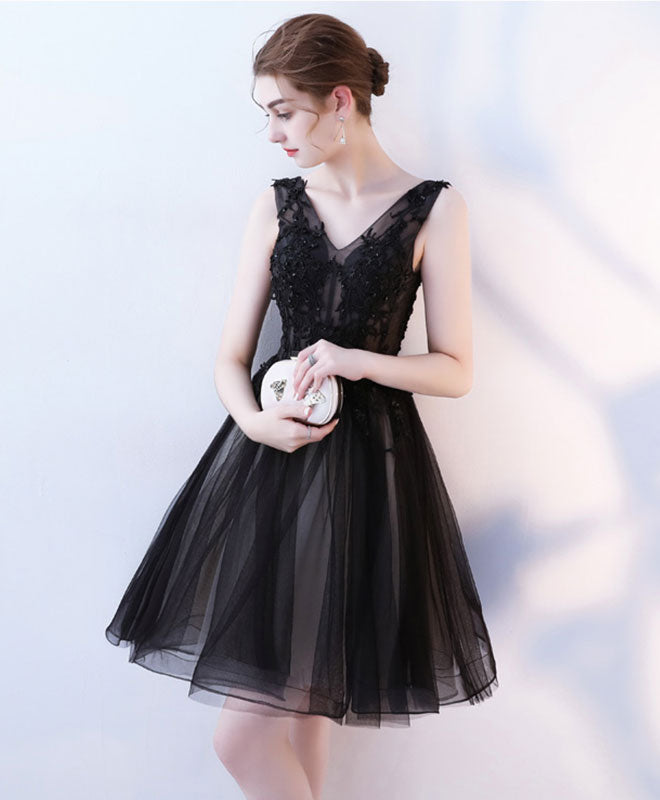 Cute V Neck Tulle Black Short Prom Dress, Black Homecoming Dresses – shopluu