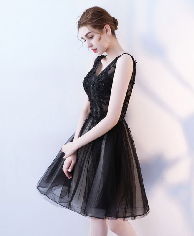 Black V Neck Tulle Lace Short Prom Dress, Homecoming Dress