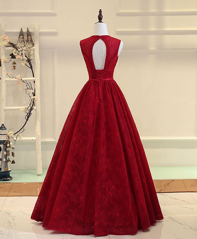 Burgundy V Neck Lace Long Prom Dress, Burgundy Evening Dress