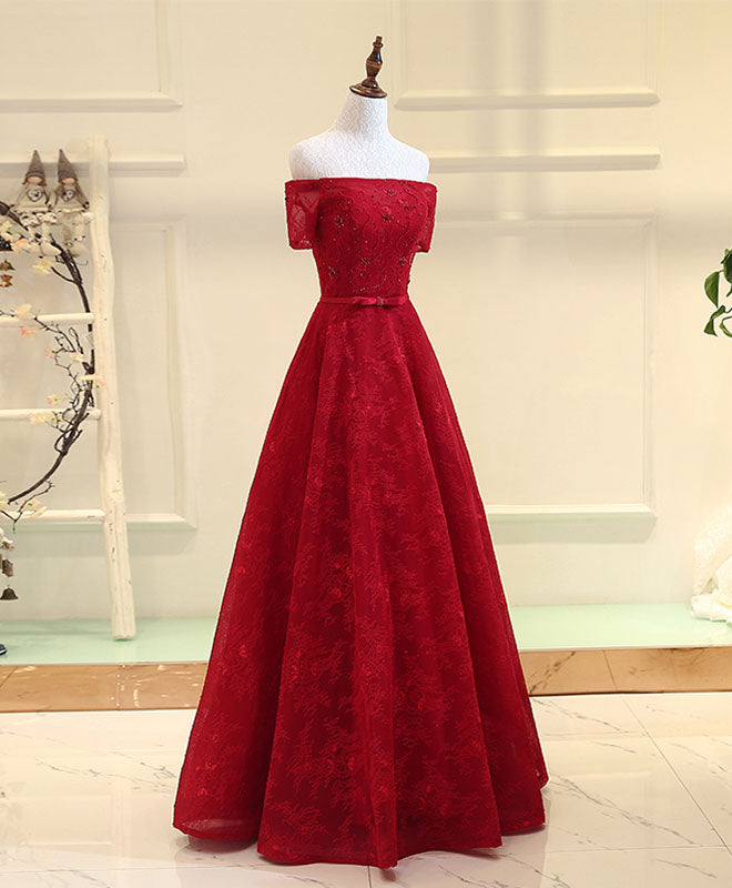 Burgundy Line Lace Long Prom Dress, Burgundy Evening Dress