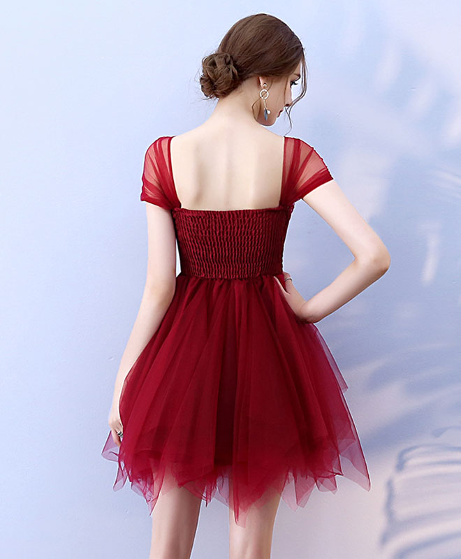 Cute Burgundy Tulle Short Prom Dress, Burgundy Homecoming Dress