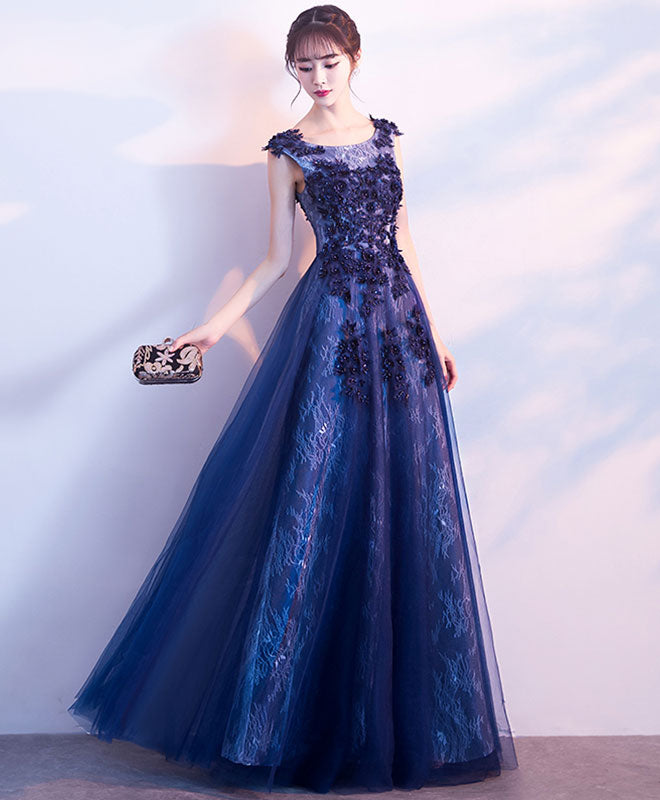 Dark Blue Lace Long Prom Dress, Lace Evening Dress