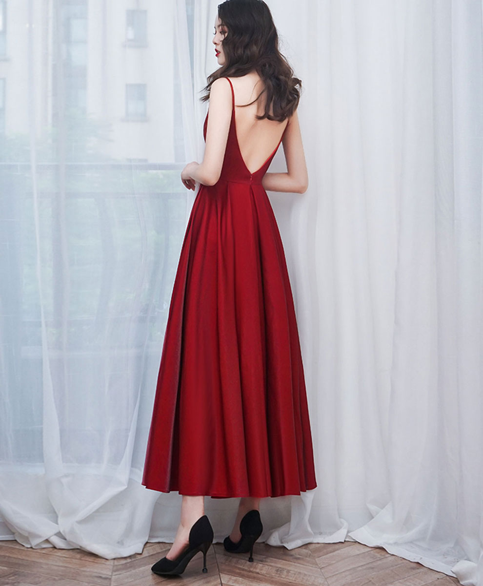 Simple Burgundy Sweetheart Neck Prom Dress, Burgundy Tea Length Evening Dress