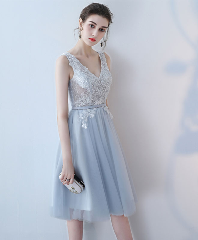 Cute V Neck Lace Tulle Short Prom Dress, Homecoming Dress
