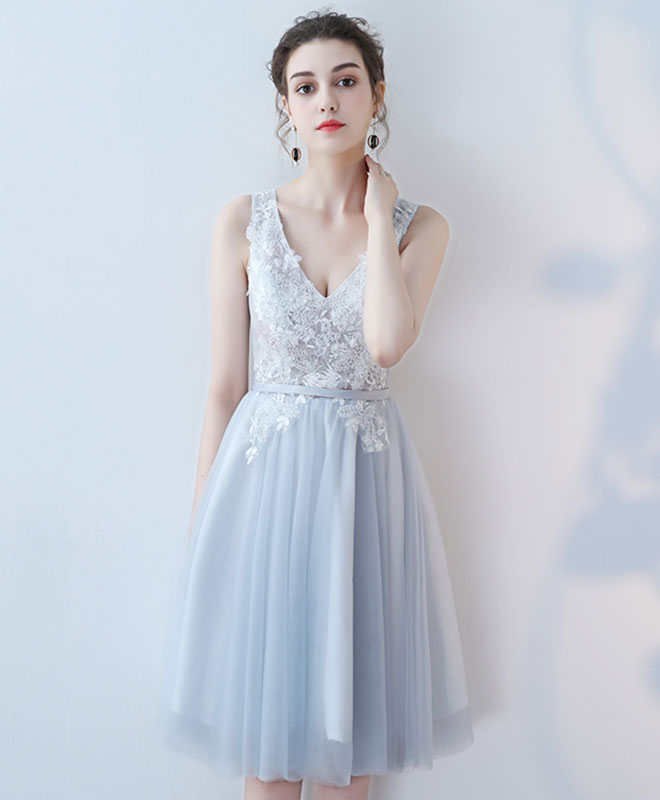 Cute V Neck Lace Tulle Short Prom Dress, Homecoming Dress – shopluu
