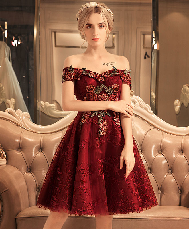 Burgundy Lace Off Shoulder Short Prom Dress, Lace Burgundy Homecoming – shopluu