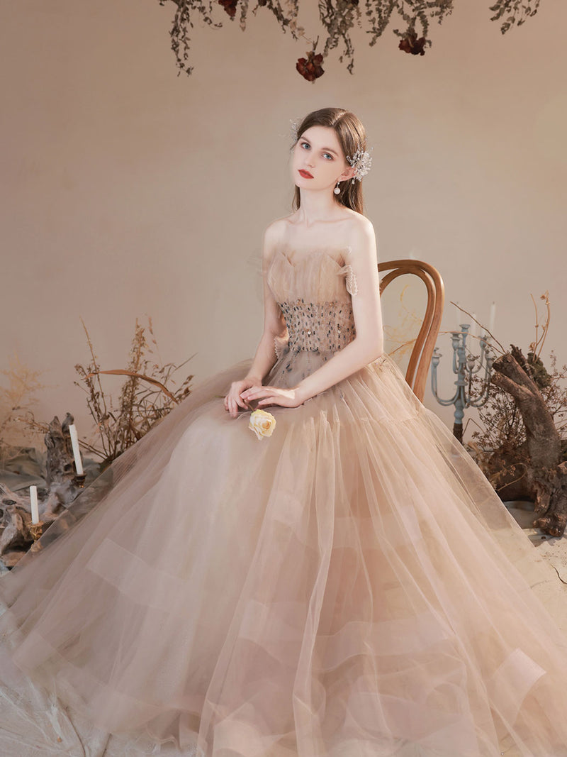 A Line Champagne Long Prom Dresses, Champagne Formal Graduation Dress With Beading sequin Custom Size / Custom Color A Line Champagne Long Prom Dresses, Champagne Formal Graduation Dress With Beading sequin Custom Size / Custom Color