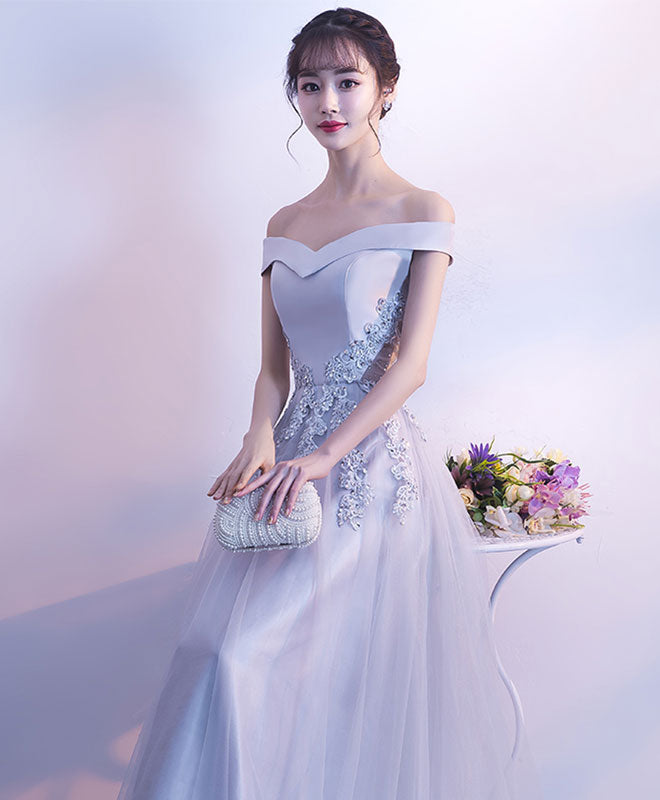 Gray Tulle Lace Off Shoulder Long Prom Dress, Evening Dress shopluu Gray Tulle Lace Off Shoulder Long Prom Dress, Evening Dress shopluu