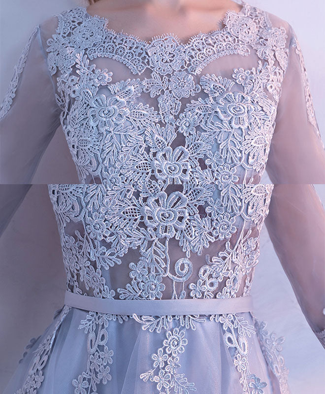 Gray Lace Tulle High Low Prom Dress, Gray Bridesmaid Dress