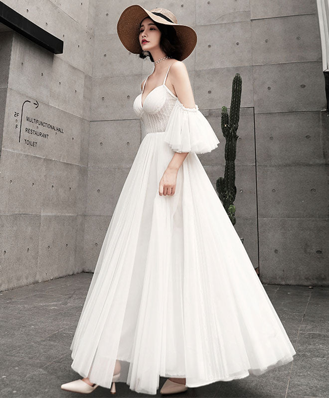 A-Line Tulle Long Prom Dress, White Evening Dress