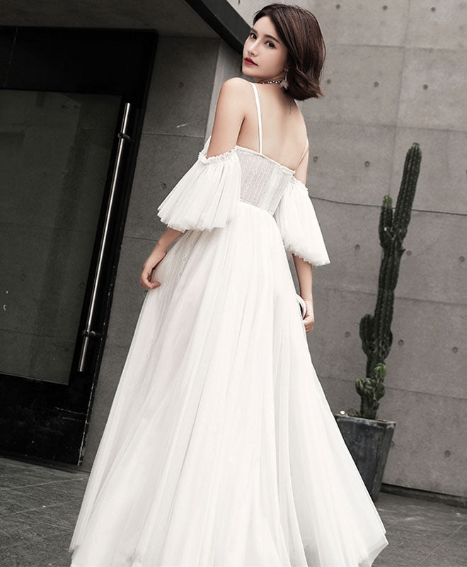 A-Line Tulle Long Prom Dress, White Evening Dress