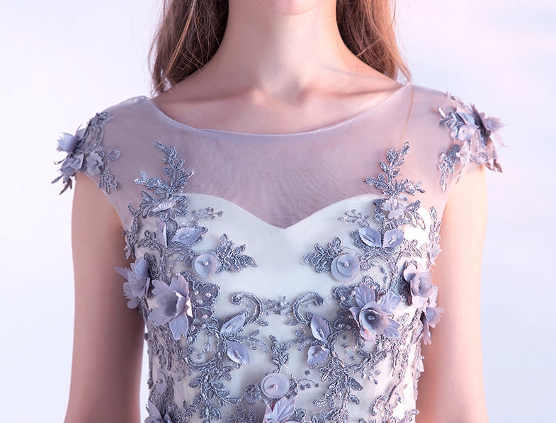Gray Tulle Lace Short Prom Dress, Homecoming Dress