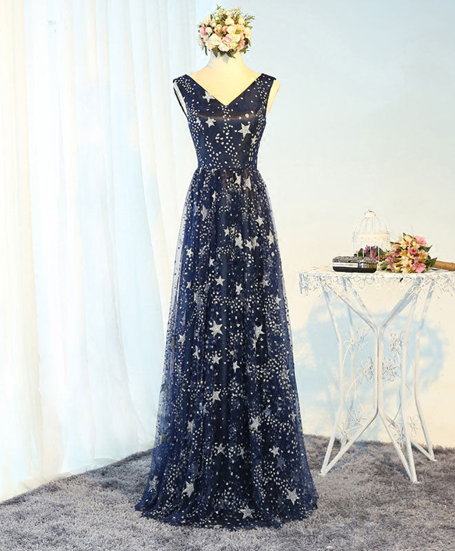 Blue V Neck Long Prom Dress, Blue Evening Dress