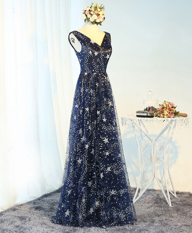 Blue V Neck Long Prom Dress, Blue Evening Dress