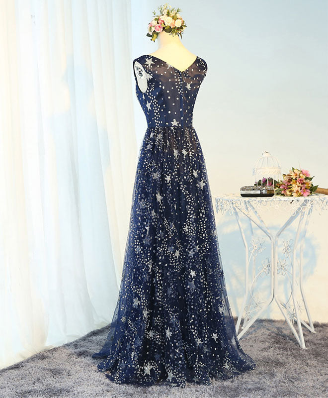Blue V Neck Long Prom Dress, Blue Evening Dress