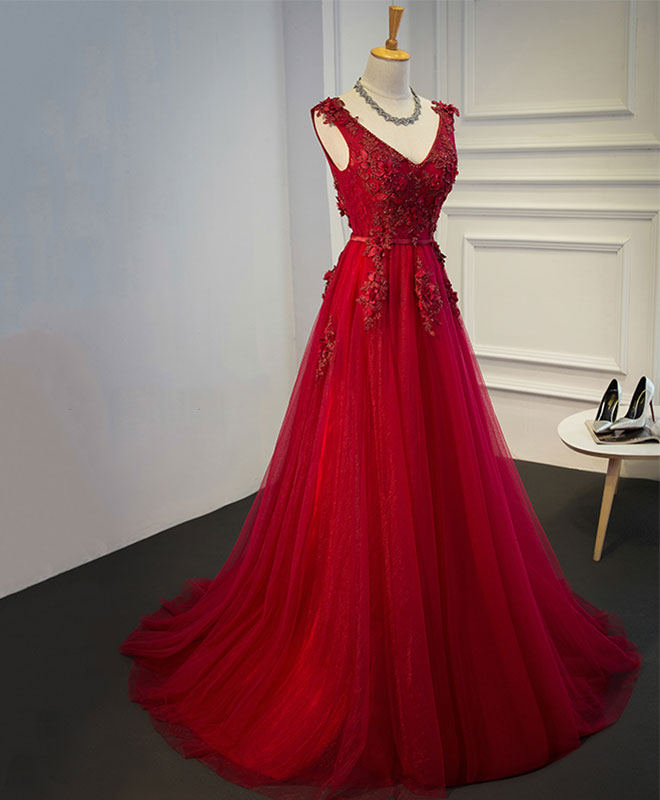 Burgundy V Neck Tulle Short Long Dress, Burgundy Evening Dress US 4 / Burgundy Burgundy V Neck Tulle Short Long Dress, Burgundy Evening Dress US 4 / Burgundy