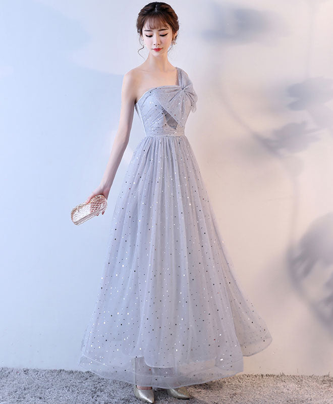 Cute Gray One Shoulder Long Prom Dress, Evening Dress