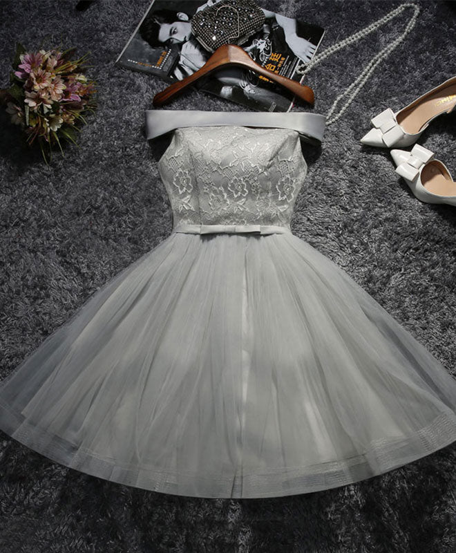short grey homecoming dresses Round Neck Gray Lace Sequins Short Prom Dresses, Gray Lace Formal Homecoming Dresses, US 14 / Custom Color / No Rush