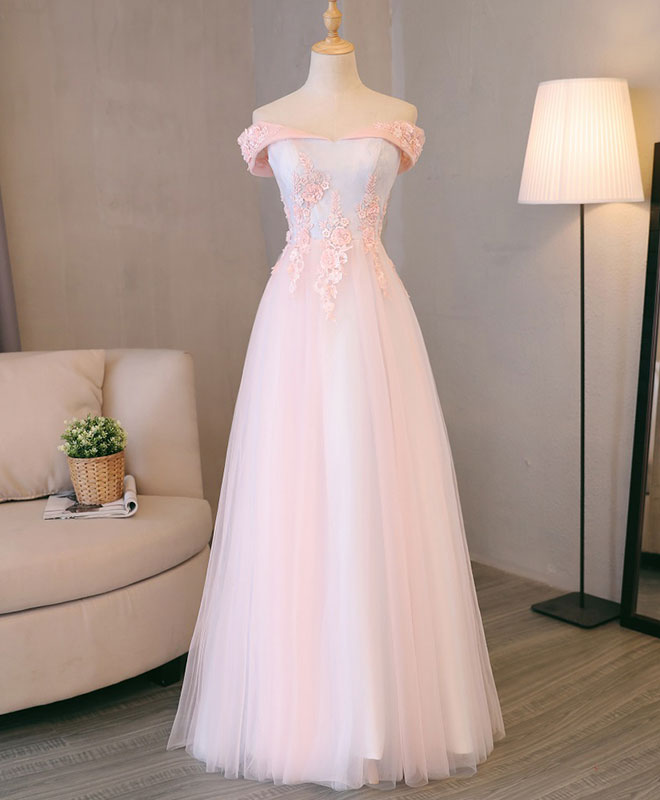 Light Pink Shoulder Long Prom Dress, Pink Evening Dress shopluu