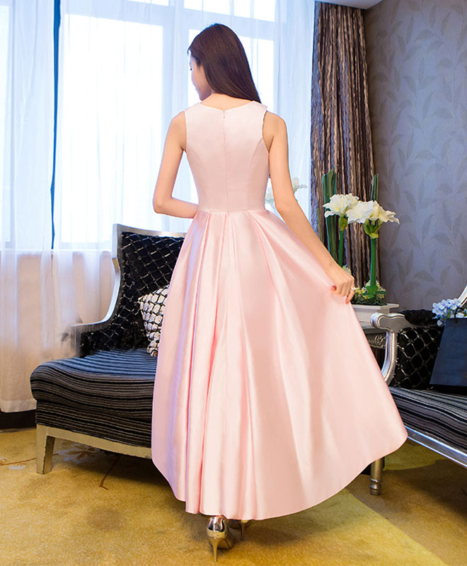 Simple Pink Satin Tea Length Prom Dress, Pink Homecoming Dresses