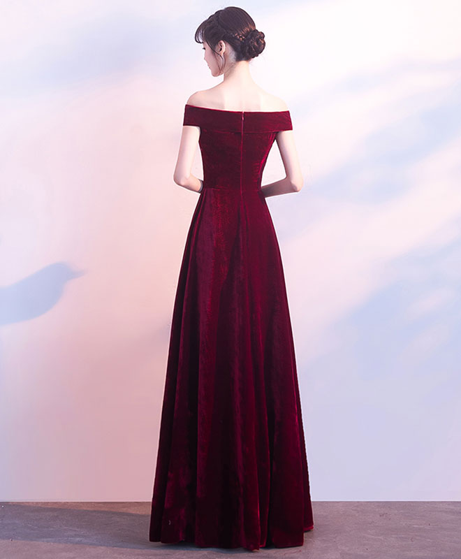 Burgundy V Neck Velvet Long Prom Dress, Evening Dress