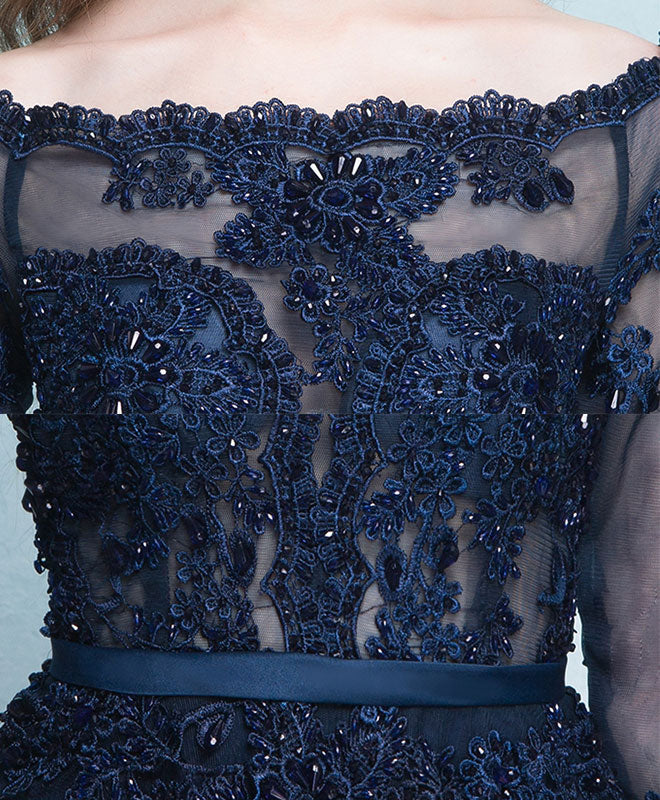 Dark Blue Lace Long Prom Dress, Long Sleeve Evening Dress