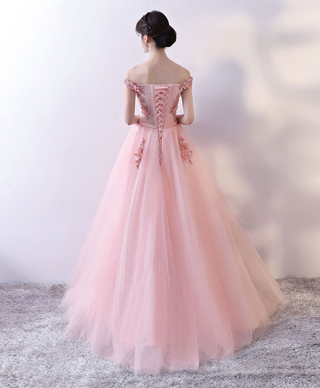 pink lace prom dress Pink Tulle Lace Long A-Line Prom Dresses, Pink Evening Dresses US 8 / Pink