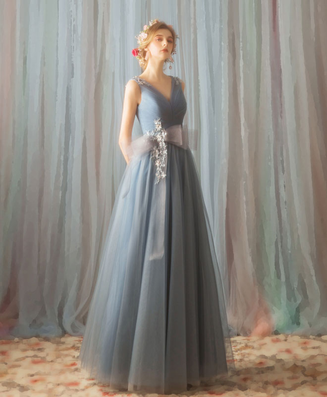 Blue V Neck Tulle Lace Long Prom Dress, Evening Dress