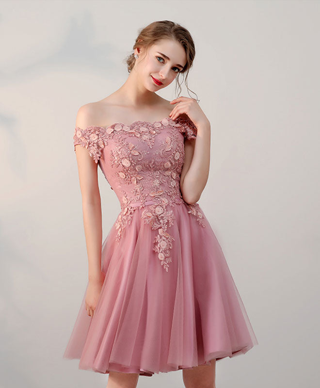 pink formal short dresses Lace Tulle Prom Dress, Pink Evening simple short pink dress