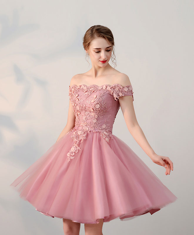 Pink Lace Tulle Short Prom Dress, Pink Evening Dresses Pink Lace Tulle Short Prom Dress, Pink Evening Dresses