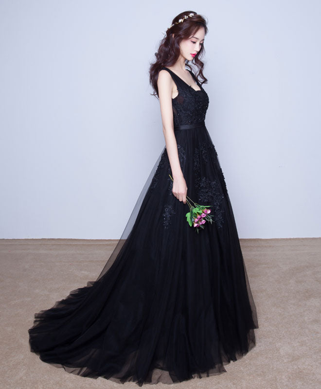 Black V Neck Tulle Lace Prom Dress, Lace Evening Dress shopluu Black V Neck Tulle Lace Prom Dress, Lace Evening Dress shopluu