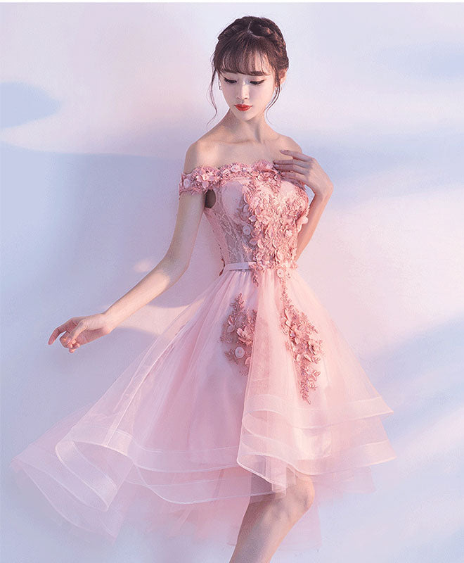 Cute Pink Lace Tulle Short Prom Dress, Pink Party Dress