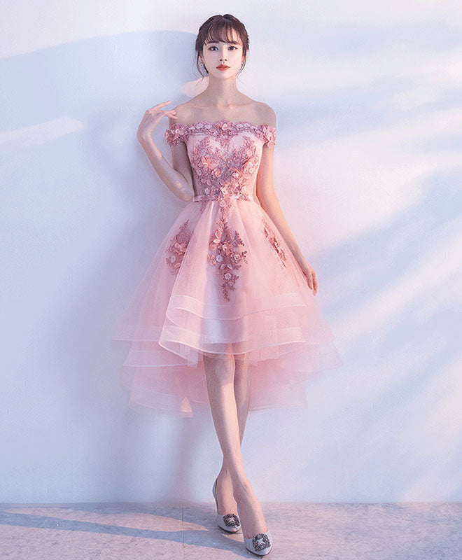 Cute Pink Lace Tulle Short Prom Dress, Pink Party Dress