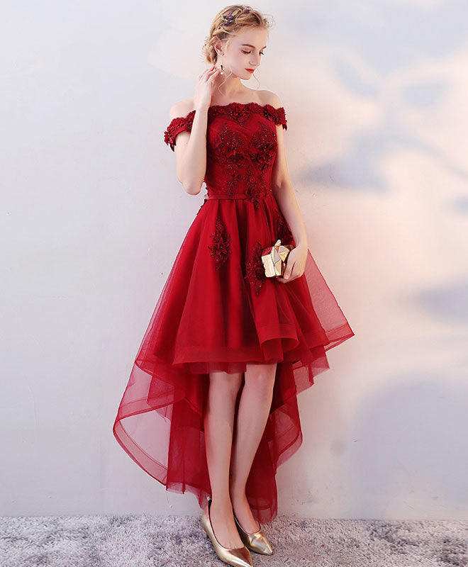 Burgundy High Low Tulle Lace Long Prom Dress, Lace Evening Dress US 12 / Burgundy Burgundy High Low Tulle Lace Long Prom Dress, Lace Evening Dress US 12 / Burgundy