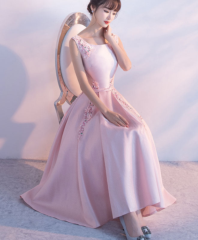 Pink Satin Lace Tea Length Prom Dress, Pink Evening Dress US 16 / Pink Pink Satin Lace Tea Length Prom Dress, Pink Evening Dress US 16 / Pink