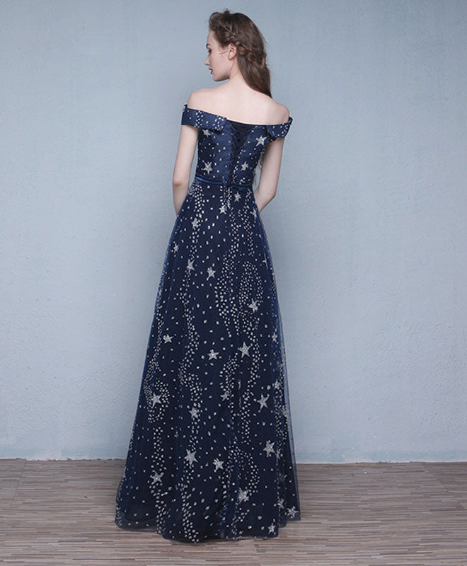 Blue Long Prom Dress, Off Shoulder Evening Dress