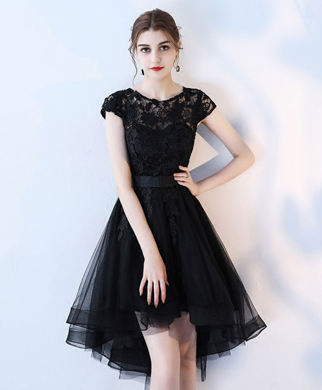 Black Lace Short Prom Dress, Hight Low Evening Dress – shopluu