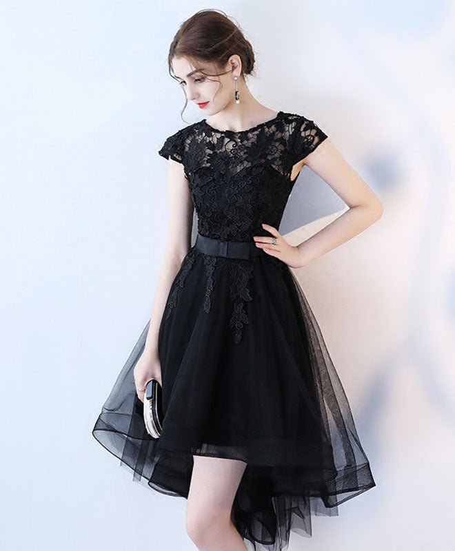 Black Lace Short Prom Dress, Hight Low Evening Dress – shopluu