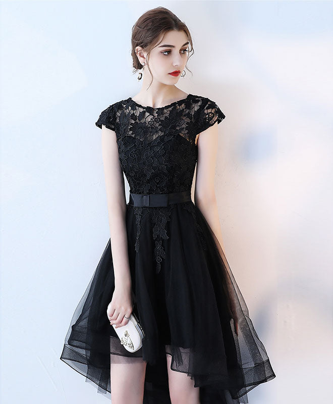 Black Lace Short Prom Dress, Hight Low Evening Dress shopluu Black Lace Short Prom Dress, Hight Low Evening Dress shopluu