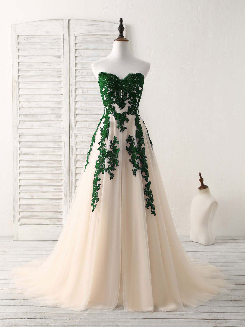 A-Line Sweetheart Tulle Lace Applique Green Long Prom Dress, Bridesmaid Dress A-Line Sweetheart Tulle Lace Applique Green Long Prom Dress, Bridesmaid Dress