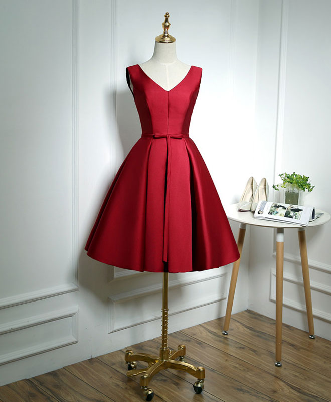 Simple Burgundy Satin V Neck Short Prom Dress, Evening Dress shopluu Simple Burgundy Satin V Neck Short Prom Dress, Evening Dress shopluu