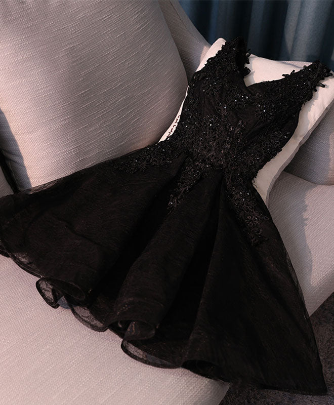 Black V Neck Lace Short Prom Dress, Black Cute Homecoming Dresses shopluu Black V Neck Lace Short Prom Dress, Black Cute Homecoming Dresses shopluu