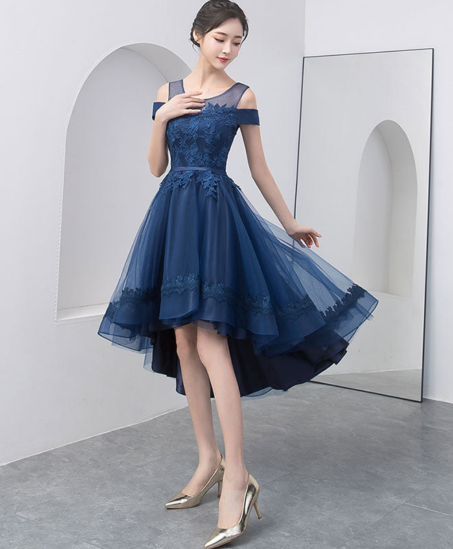 navy blue dress hoco Blue Tulle Lace Short Prom Dress, High Low Evening Party Dress US 12 / Dark Blue