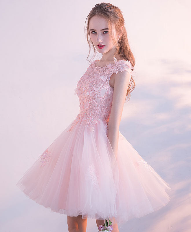 Pink Lace Tulle Short Prom Dress, Lace Pink Cute Homecoming Dresses