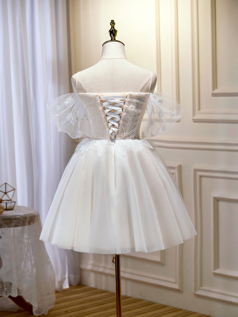 Mini/Short Beige Prom Dress, Puffy Beige Homecoming Dress With Lace shopluu Mini/Short Beige Prom Dress, Puffy Beige Homecoming Dress With Lace shopluu