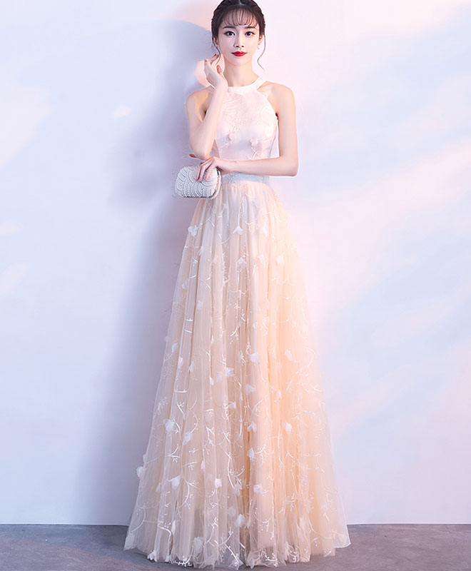 Champagne Lace Tulle Long Prom Dress, Champagne Evening Dress