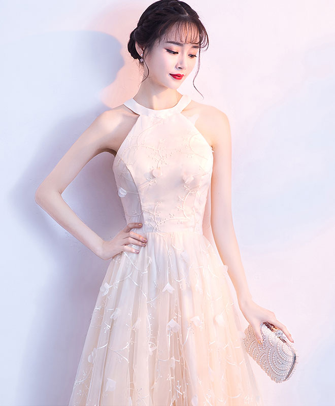 Champagne Lace Tulle Long Prom Dress, Champagne Evening Dress