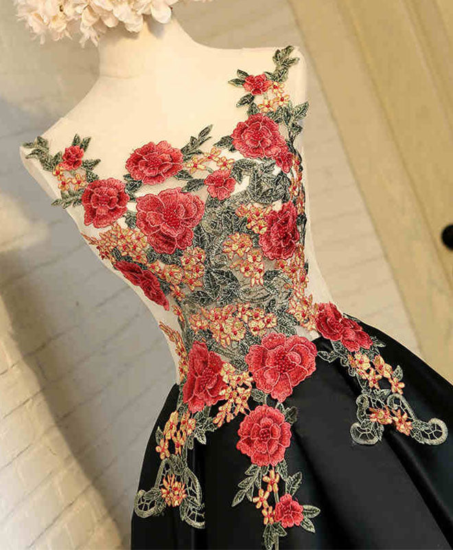 Cute Black Lace High Low Prom Dress, Black Homecoming Dress